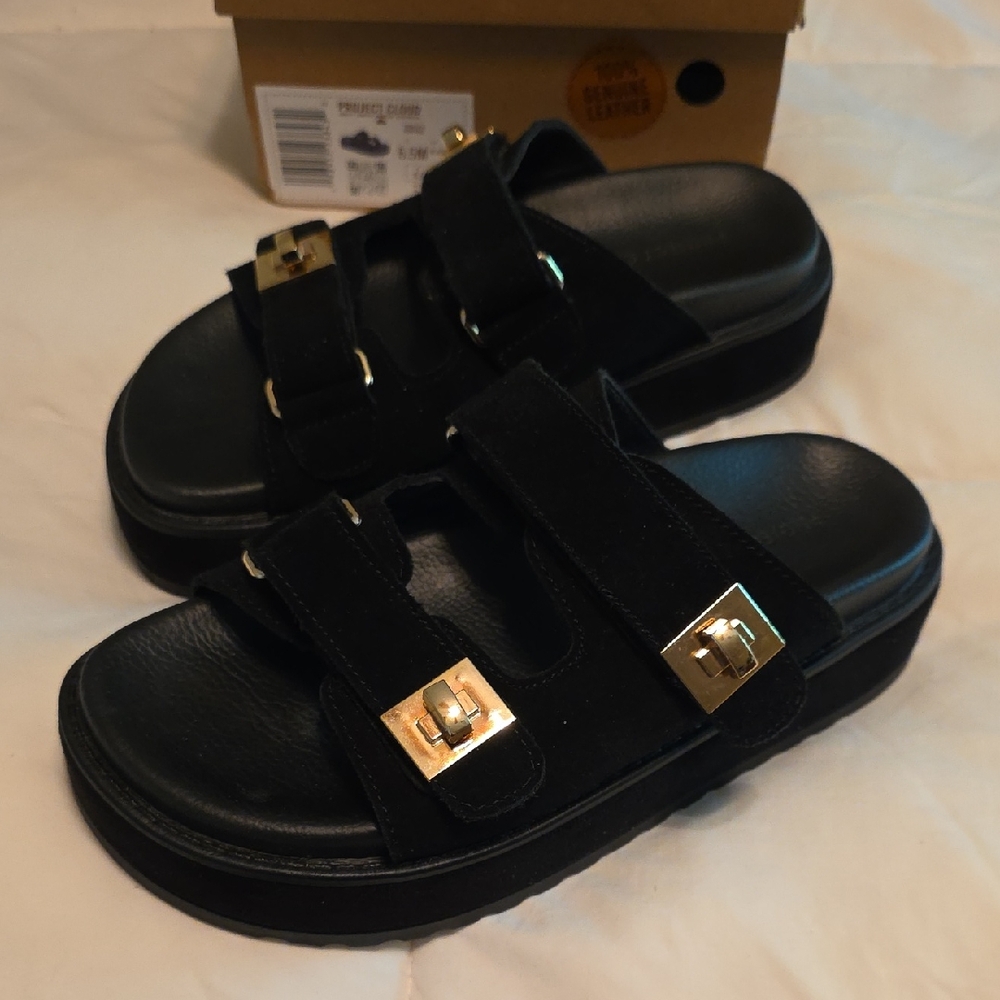 Black Slide Sandals with Gold Buckle Accent